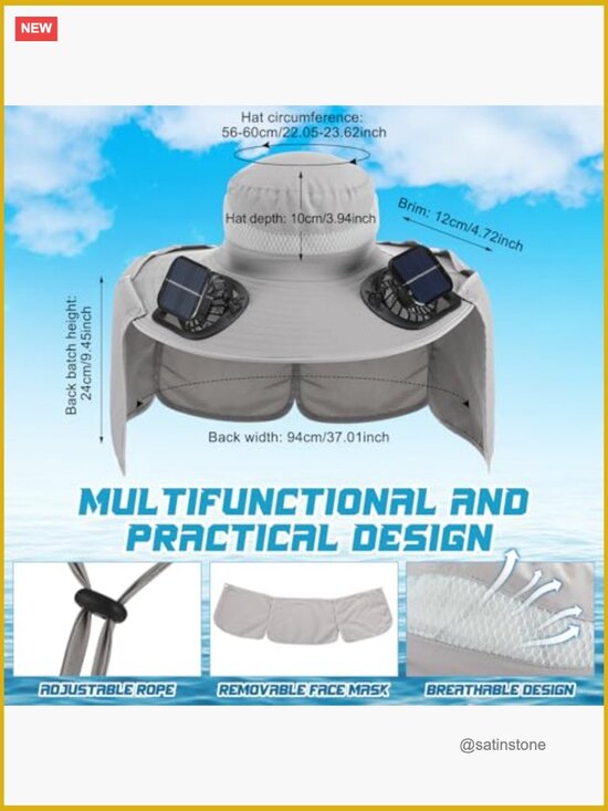 Solar Fan Hat with 2 Fans Wide Brim Outdoor USB Charging Fishing Hat Neck Flap main image 6